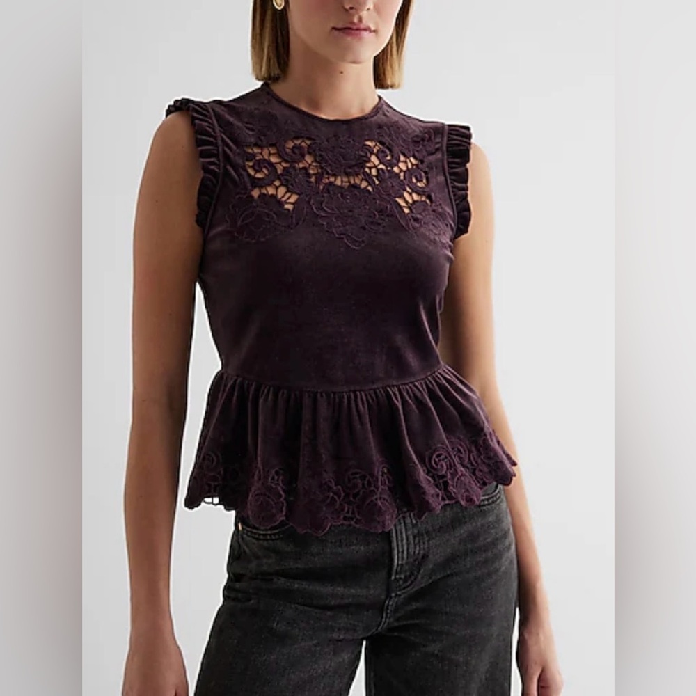 Express Plum Velvet Lace Peplum Top Size Large Sleeveless Ruffle